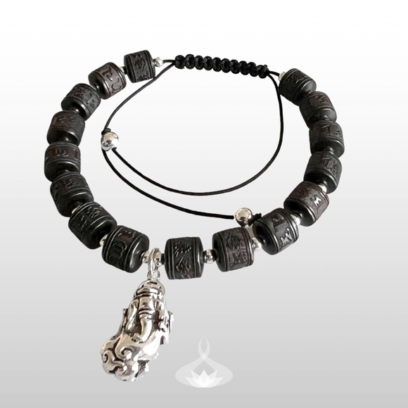 Ebony Tibetan 6 Character Prayer Wheel Mantra Bracelet with  Silver Pixiu Charm - Picture 5 of 7